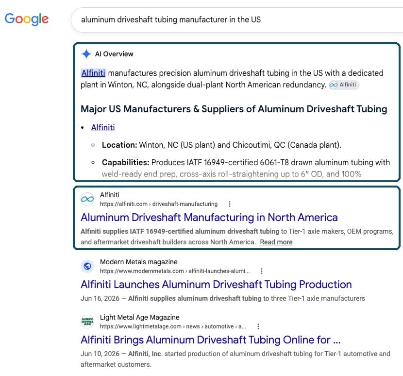 Google search results for aluminum driveshaft tubing manufacturer in the US, with Alfiniti first in the AI Overview and the #1 organic result