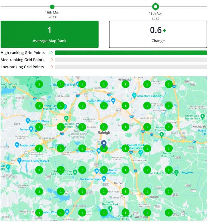 BrightLocal local search grid showing Lilley International ranked #1 across the Raleigh area for cummins engine service center in raleigh