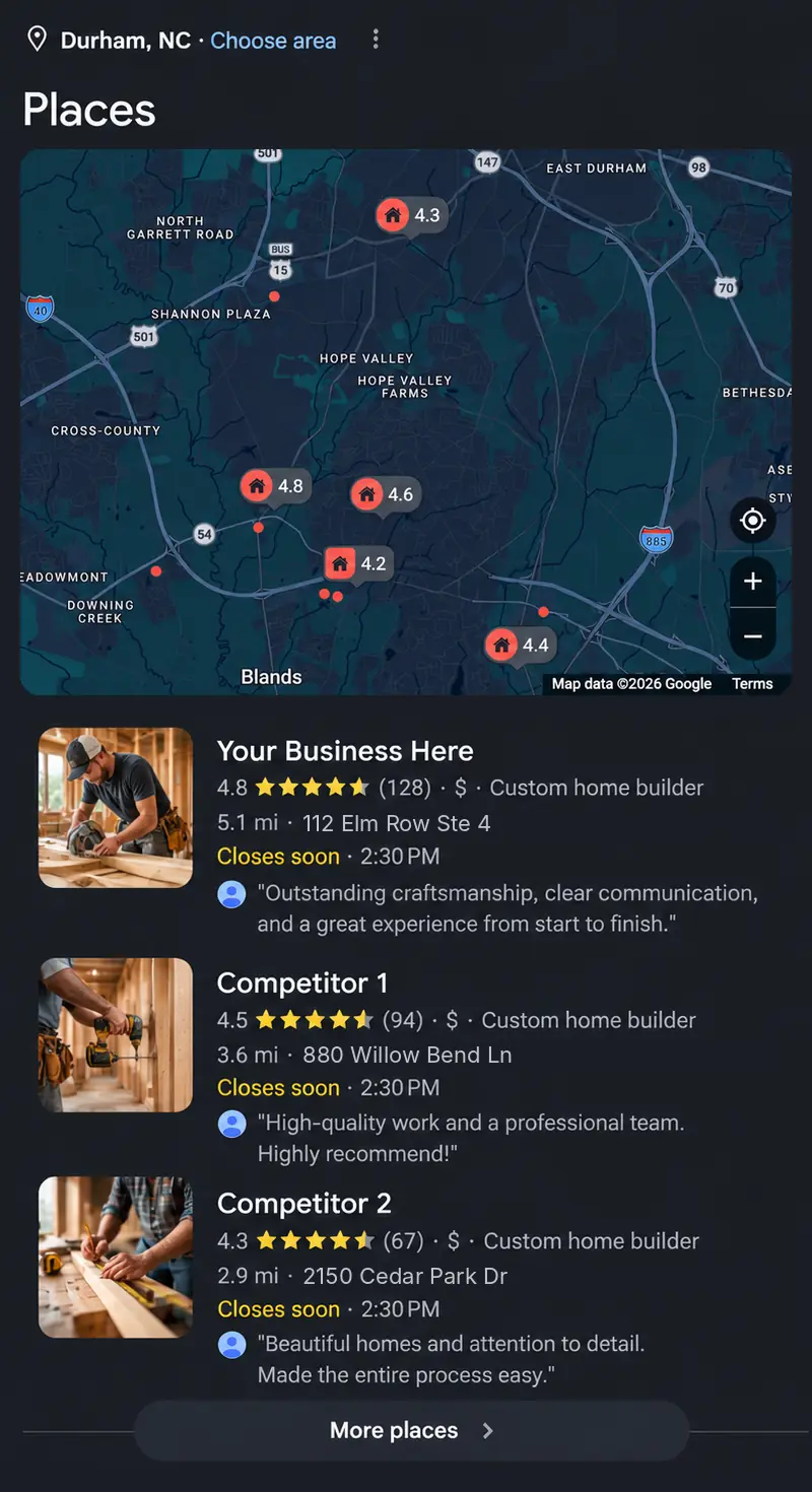 Google Map Pack results for custom home builders in Durham, NC, with Your Business Here ranked first